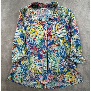 John Mark Womens Large Rayon Shirt Blue Floral Eyelet Embroidered Button Up